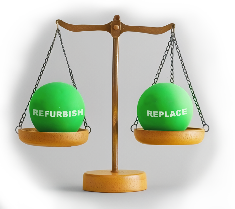 Scale indicating choice between refurbishing or replacing equipment