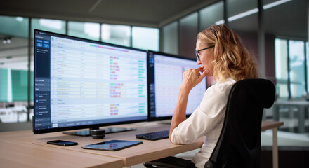 business woman looking at spreadsheet to help forecast parts needs based on historical data